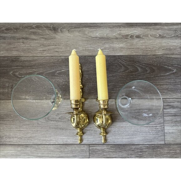 (2) Vintage 13” Solid Brass Wall Sconces Candle Holders Hanging Pair w/glass - Picture 2 of 3